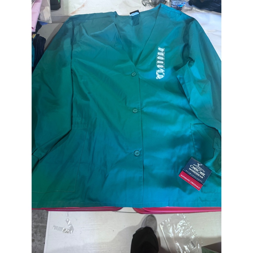Cherokee Workwear Scrub Jacket Teal Green V-Neck Button Front 3XL NWT